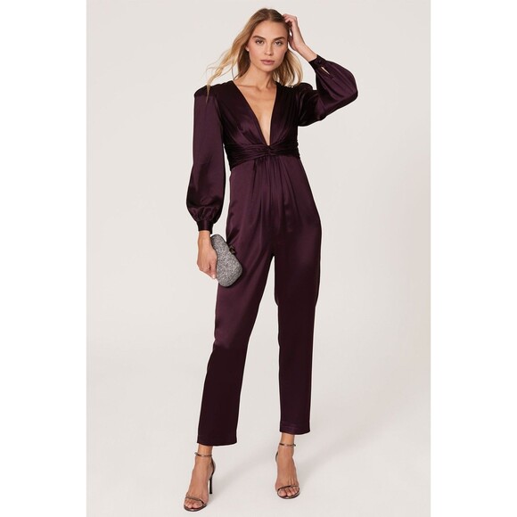 Ieena for Mac Duggal Jumpsuit Womens 6 Purple Plum Satin V Neck Ruched Waist - Picture 1 of 12